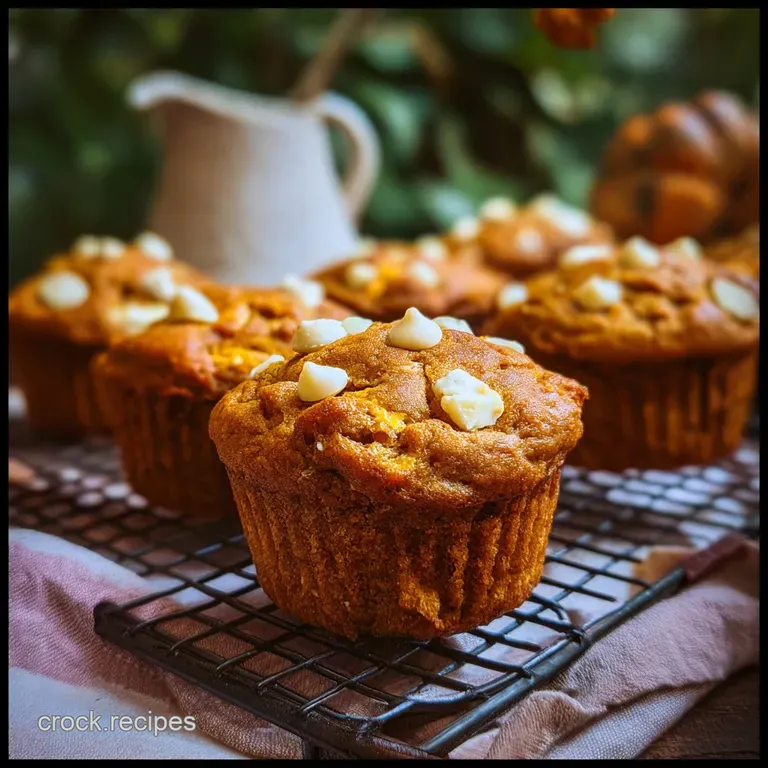 Warm pumpkin muffin halves, studded with melted white chocolate, plated with a dusting of powdered sugar and a sprig of th...