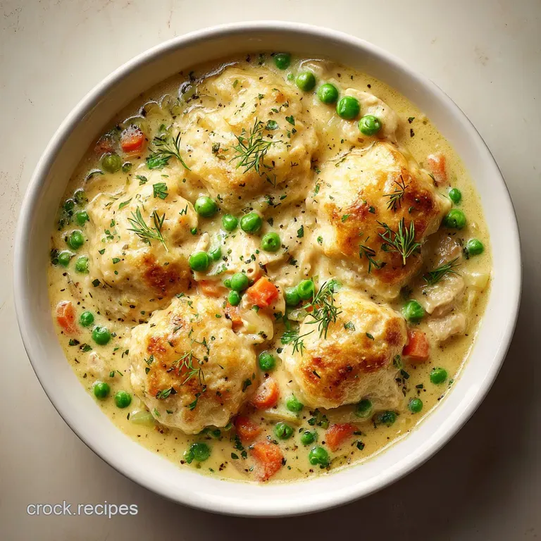 A single, generous serving of creamy chicken and dumplings, the golden crust and tender chicken pieces offering warm comfort.