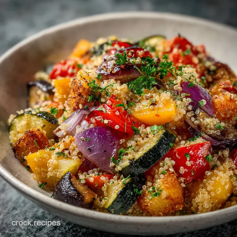 Quinoa salad artfully arranged on a white plate. Roasted vegetables glisten; herbs add freshness, creating inviting textures.