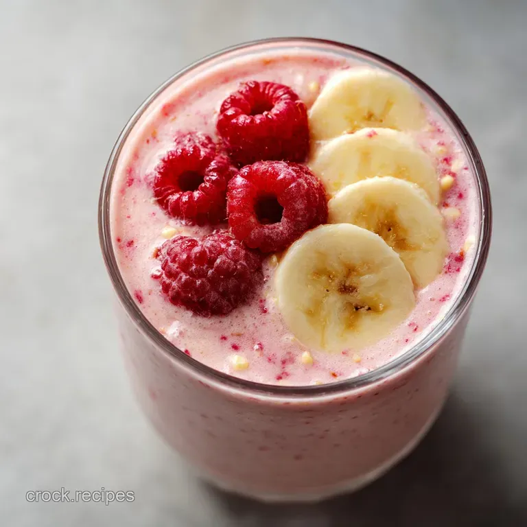 A frosty glass filled with a layered smoothie shows a bright pink base, topped with a creamy white swirl and juicy raspber...