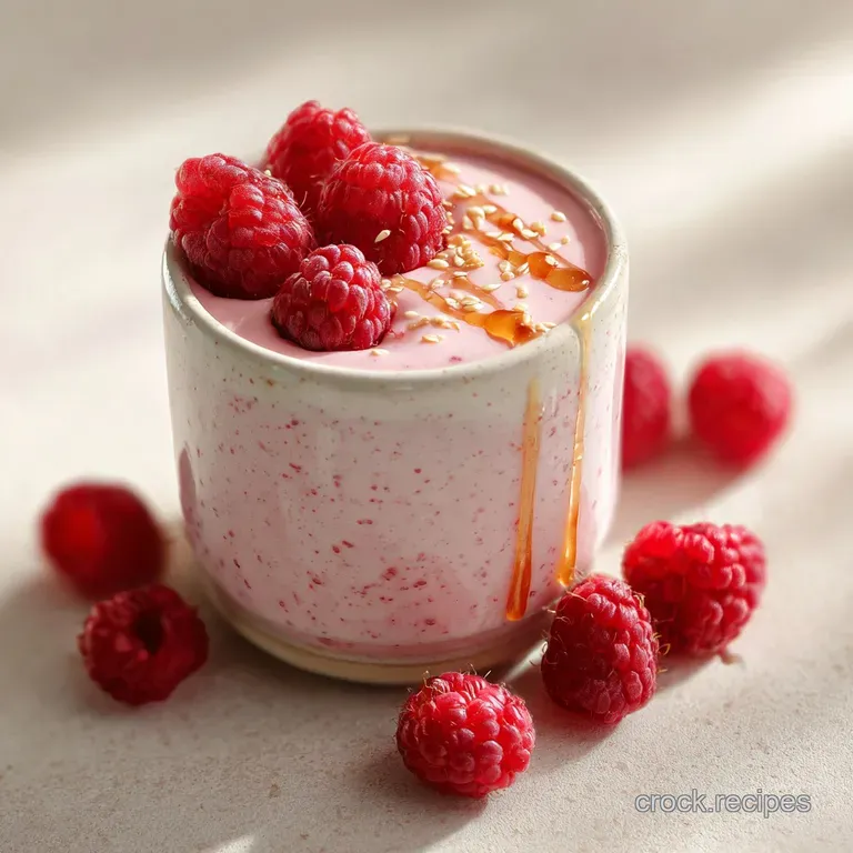 Smoothie in a tall glass with a honey drizzle, artfully arranged with raspberries and mint on a marble countertop. Bright ...