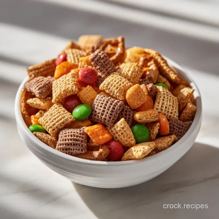 A festive bowl overflowing with crunchy, chocolate-drizzled Chex mix, glistening with powdered sugar.