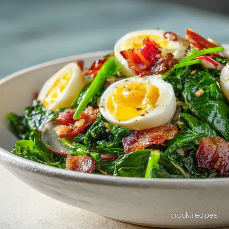 Plated spinach salad: wilted greens, crispy bacon bits, egg slices, all drizzled with a light, shimmering vinaigrette.
