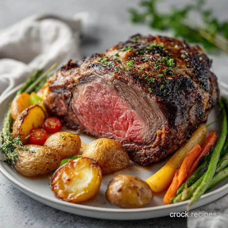 Slices of tender prime rib, fanned elegantly on a plate, revealing a beautiful rosy-pink interior.