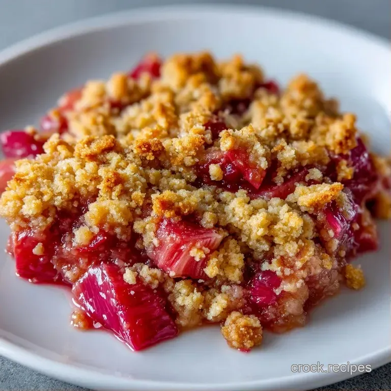 A plated serving of golden oat crumble over bubbling pink fruit, finished with a scoop of melting white ice cream.