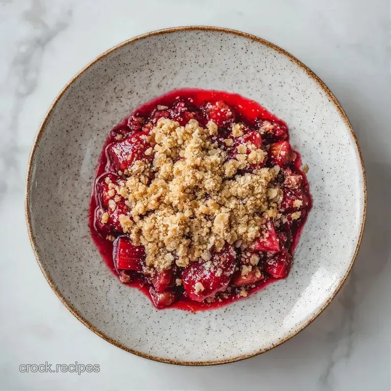 A slice of tart pink fruit crisp topped with a buttery crumble, served on a white plate with a dollop of cream.