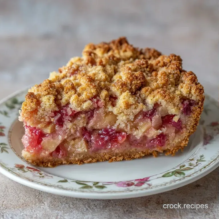 A wedge of tart pink filling topped with golden crumble on a white plate, accented by a dollop of fresh cream.