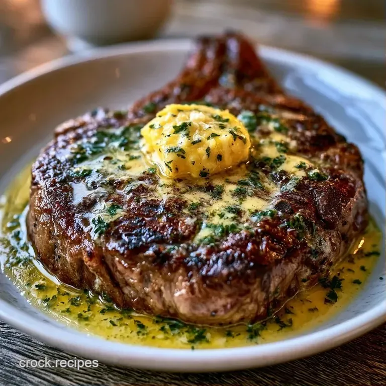 Sliced medium-rare steak on a white ceramic plate with melting herb butter and sprigs of fresh thyme garnish.