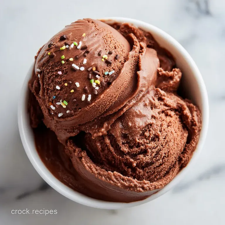 A generous swirl of rich chocolate ice cream in a chilled glass bowl, glistening and inviting.