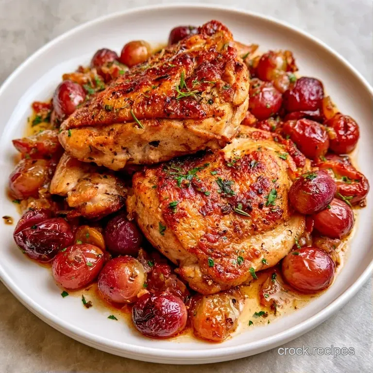 Slices of juicy roast chicken on a white plate, drizzled with deep purple sauce and garnished with charred grapes.