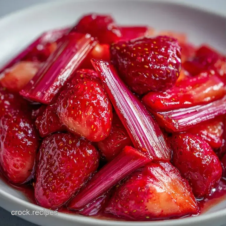 Warm red fruit compote drizzled over creamy vanilla ice cream on a minimal white plate with a fresh mint leaf.