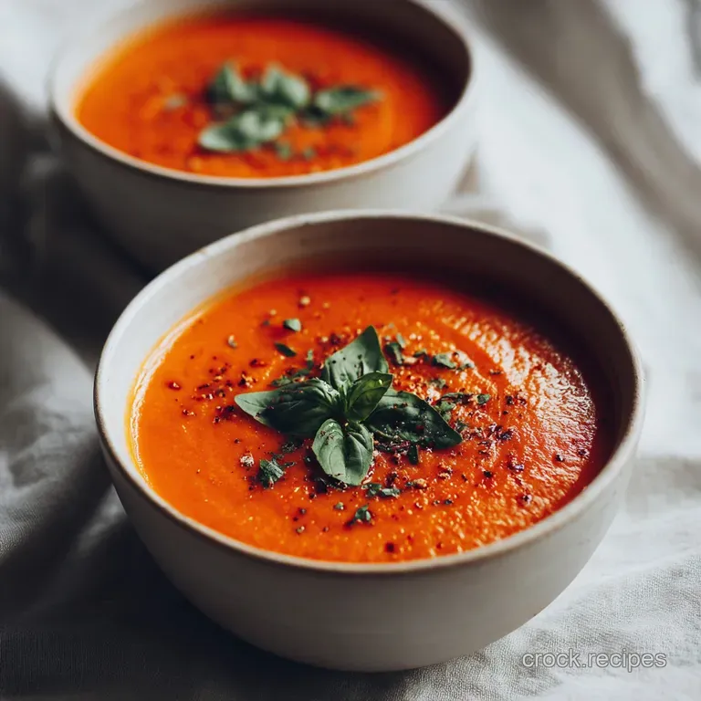 A swirl of rich tomato soup in a white bowl, drizzled with cream and garnished with a bright basil leaf.