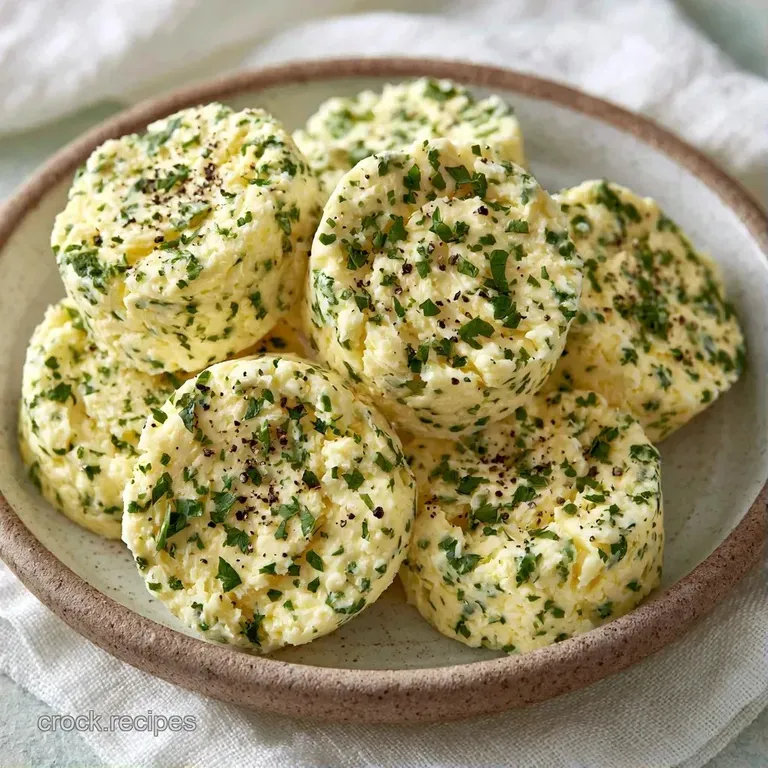 Slices of herbed yellow butter arranged in a fan on a white marble plate with a sprig of fresh parsley on top