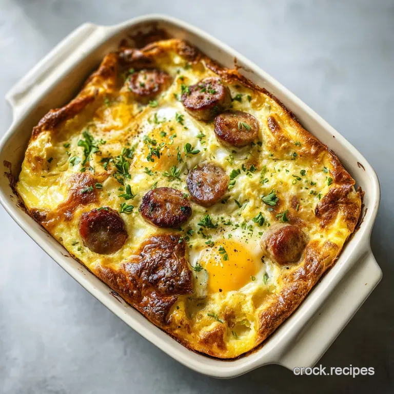 Individual slice of warm egg bake with browned sausage, topped with fresh herbs, plated nicely for breakfast or brunch.