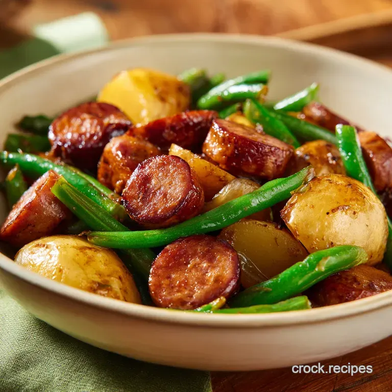 Neatly plated charred sausage rounds, tender green beans, and crisp golden potato cubes on a white ceramic dish.
