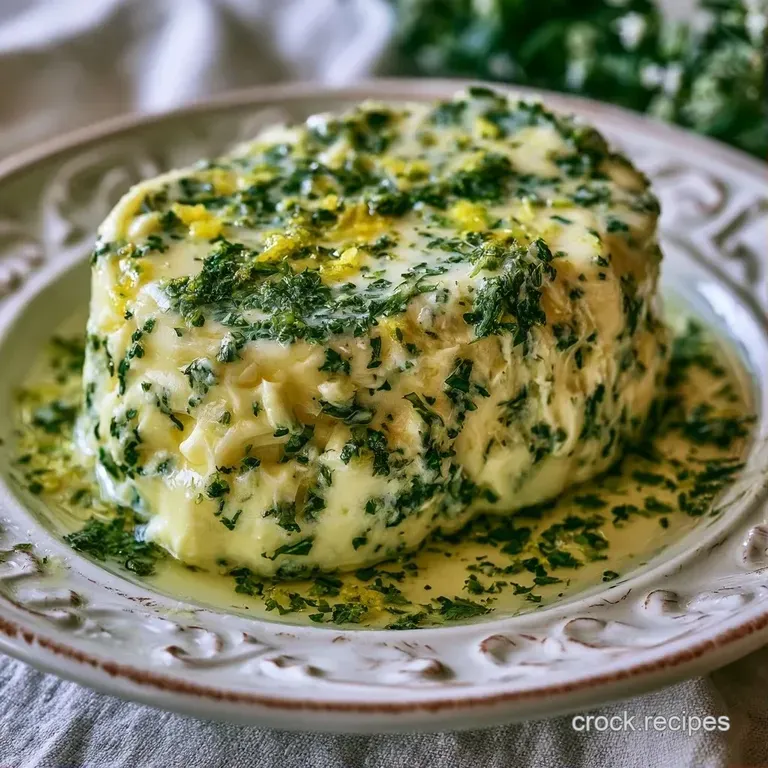 Chilled butter roll sliced into rounds on a marble slab, garnished with a sprig of fresh parsley and peppercorns.