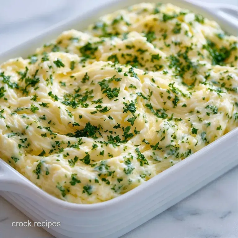 Golden-brown toasted bread slices arranged on a white platter, topped with a creamy, herb-flecked garlic butter.