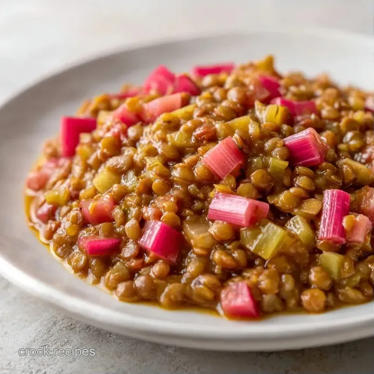 Vibrant pink rhubarb simmered in a velvety golden sauce, garnished with fresh cilantro in a shallow ceramic bowl.