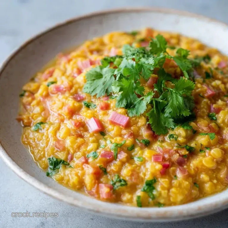 Vibrant yellow porridge with streaks of soft pink rhubarb, garnished with a swirl of cream and fresh green herbs.