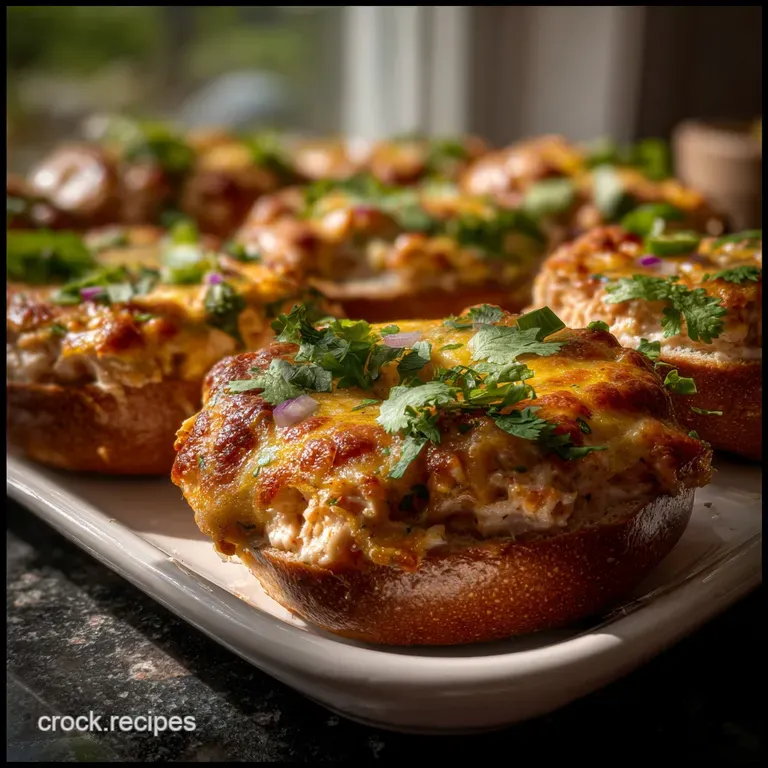 Toasted golden bagel halves topped with melted cheese, flaky tuna, and vibrant red tomato slices.