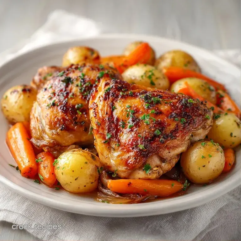 Searing juices glisten on roasted chicken thighs paired with crispy potatoes and a sprig of fresh parsley on a plate.
