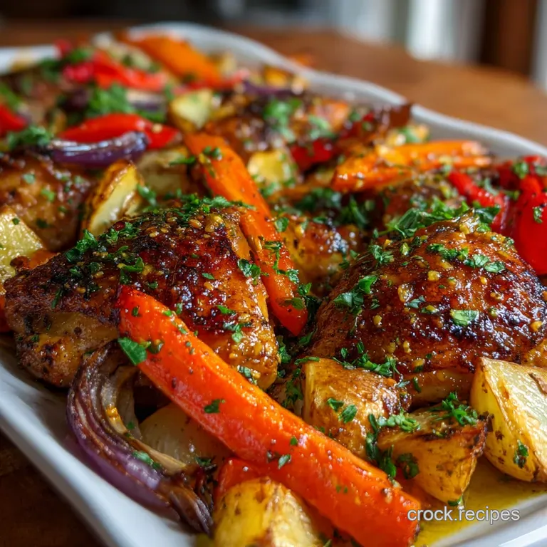 Vibrant sheet pan dinner, honey-glazed chicken alongside roasted carrots, broccoli, and red onion, all glistening with sav...