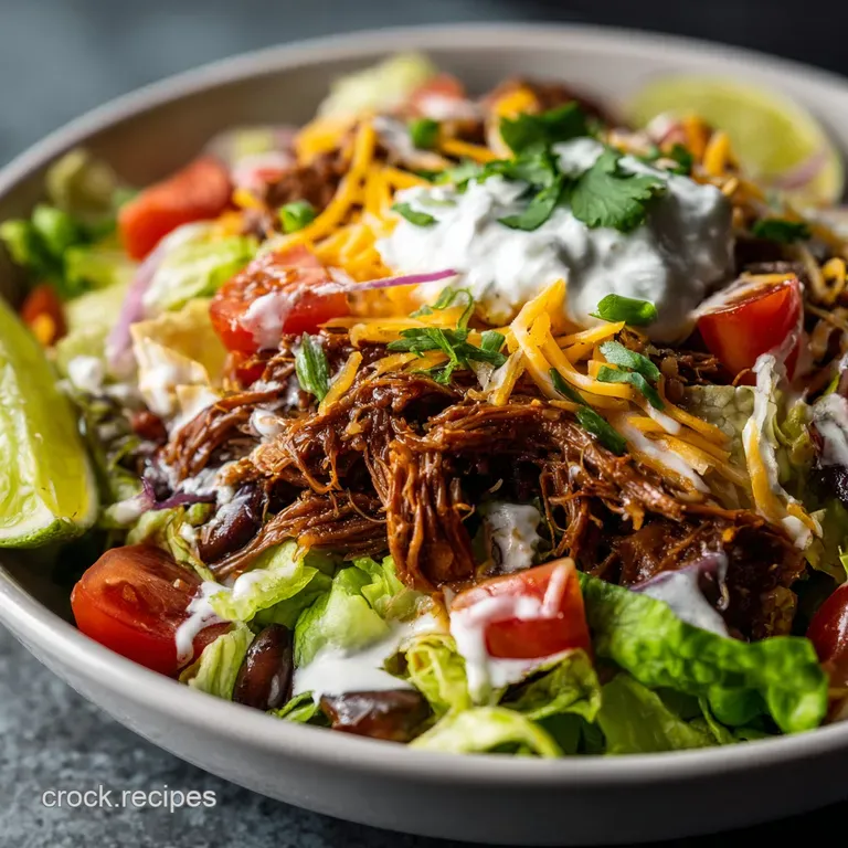 Layered taco salad showing off seasoned ground beef, shredded lettuce, juicy tomatoes, and a swirl of creamy dressing.
