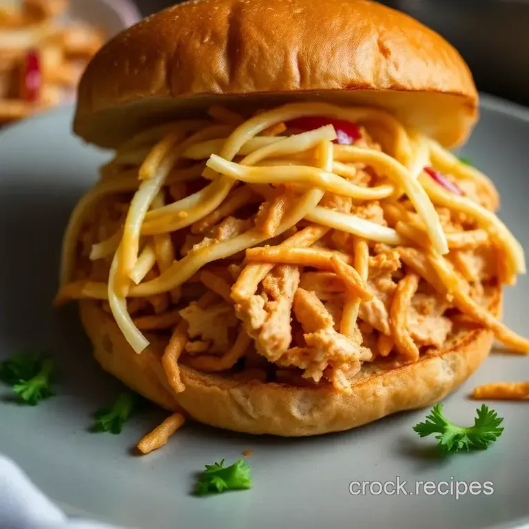Shredded Chicken Sandwiches with Tangy Slaw and Honey Mustard Dressing presentation