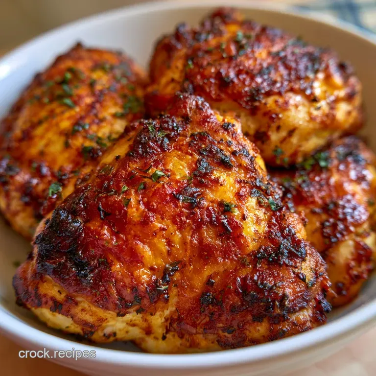 A succulent golden chicken thigh plated on a white ceramic dish with a sprig of fresh parsley and a lemon wedge.
