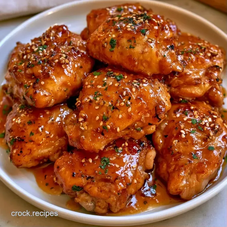 Glazed golden chicken pieces artfully arranged on a white plate with steamed broccoli and a sprinkle of seeds.