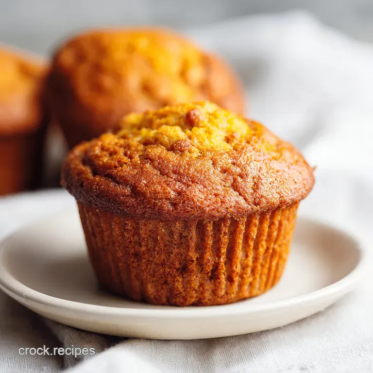 Three golden-brown pumpkin muffins stacked with a dollop of whipped cream and a sprinkle of nutmeg.