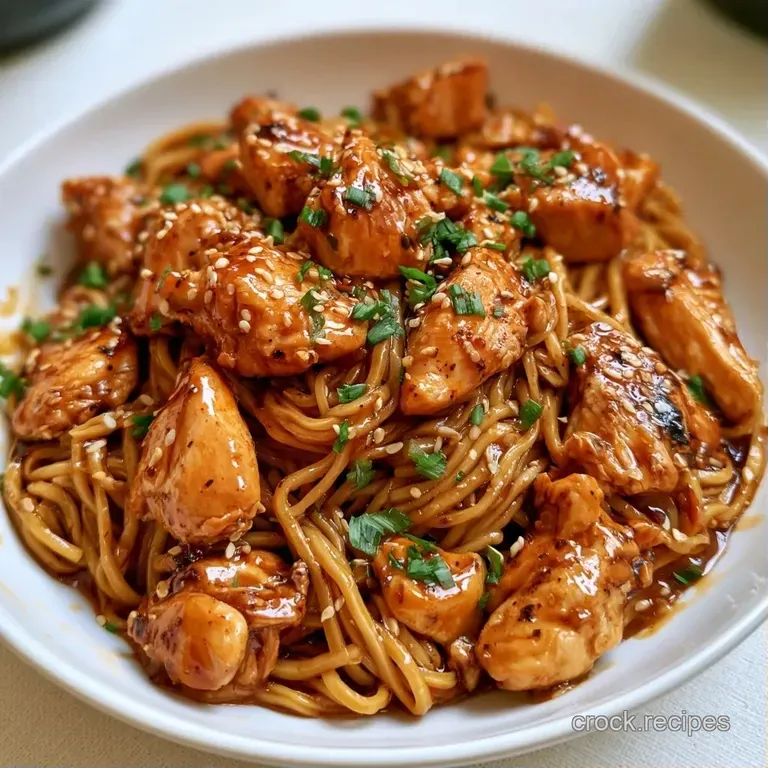 Carefully twirled noodles topped with sliced chicken, julienned carrots, and a sprinkle of toasted sesame seeds.