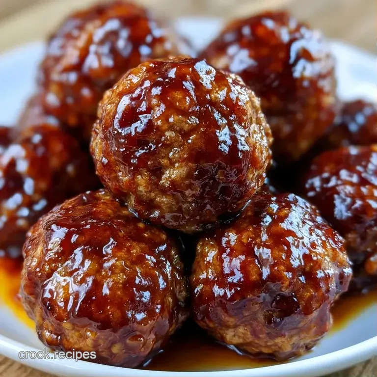Sticky, glazed meatballs arranged on a white platter with fresh parsley sprigs and a side of toothpicks.