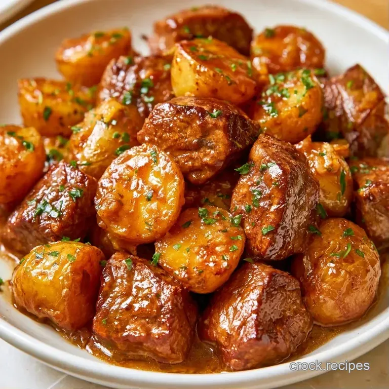 Tender meat and crisp potatoes plated on white ceramic, topped with melted garlic butter and fresh green parsley.