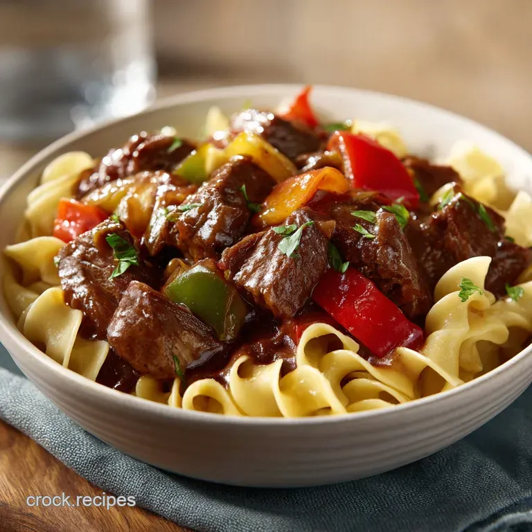 Elegant plate of wide egg noodles and tender beef, bathed in rich brown sauce, garnished with fresh parsley and a dollop o...