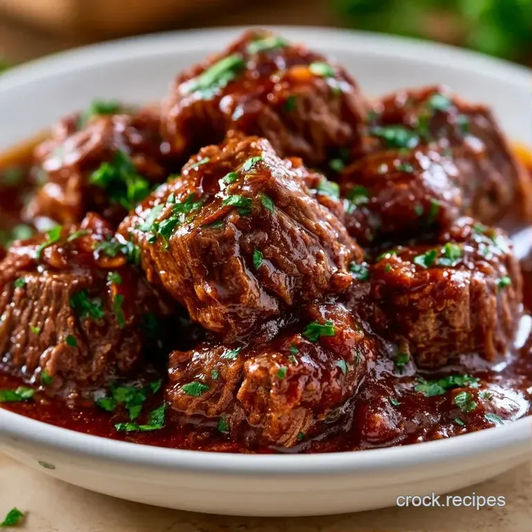 Rich brown beef chunks draped in glossy gravy over creamy mashed potatoes, garnished with fresh green parsley.