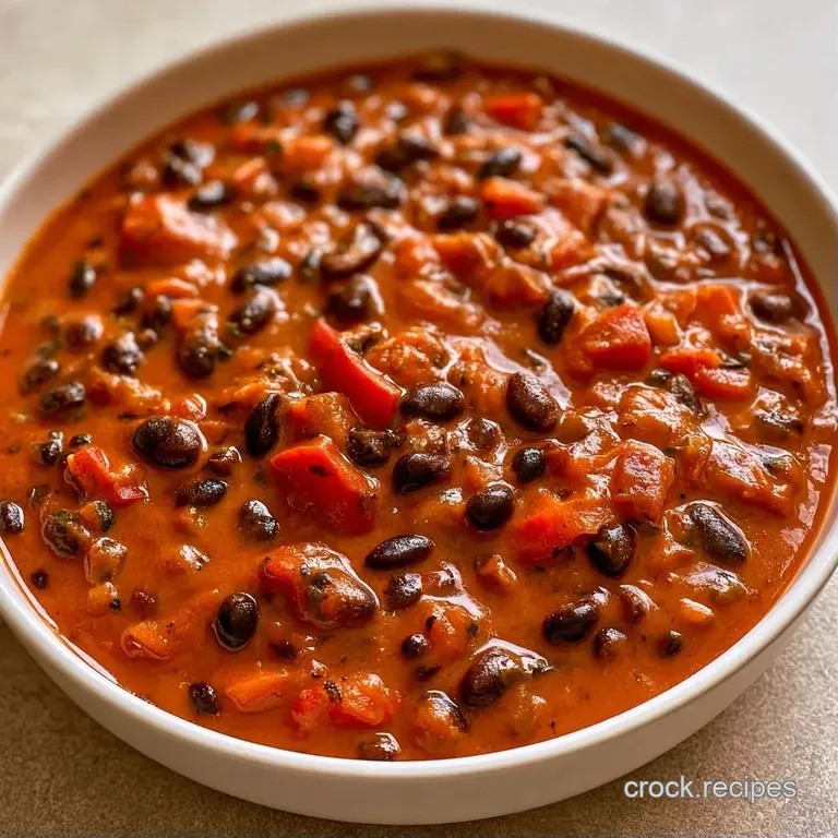 A rustic ceramic bowl filled with dark, savory stew, garnished with a swirl of cream and sliced green avocado.