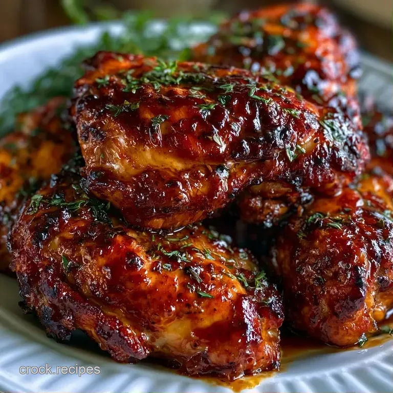 A juicy chicken thigh with crackling golden skin, garnished with a sprig of fresh thyme on a white ceramic plate.