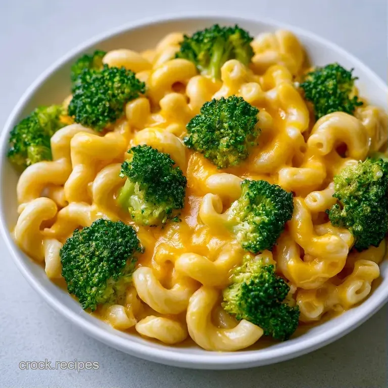 A scoop of cheesy pasta with vibrant broccoli florets served in a shallow bowl with a sprinkle of fresh parsley.