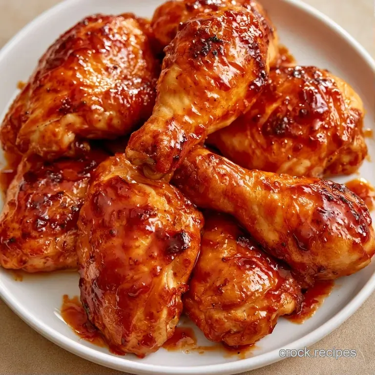 Glazed chicken thighs on a white plate paired with steamed broccoli and a drizzle of rich, sticky brown sauce.