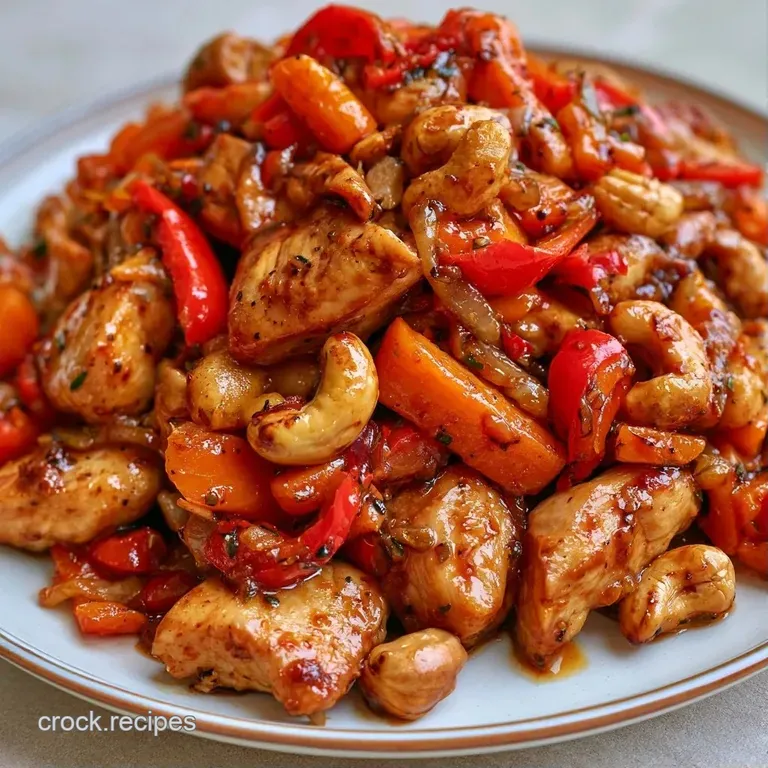 Elegant white bowl filled with glazed chicken and golden cashews, garnished with sliced green onions and fresh sesame.