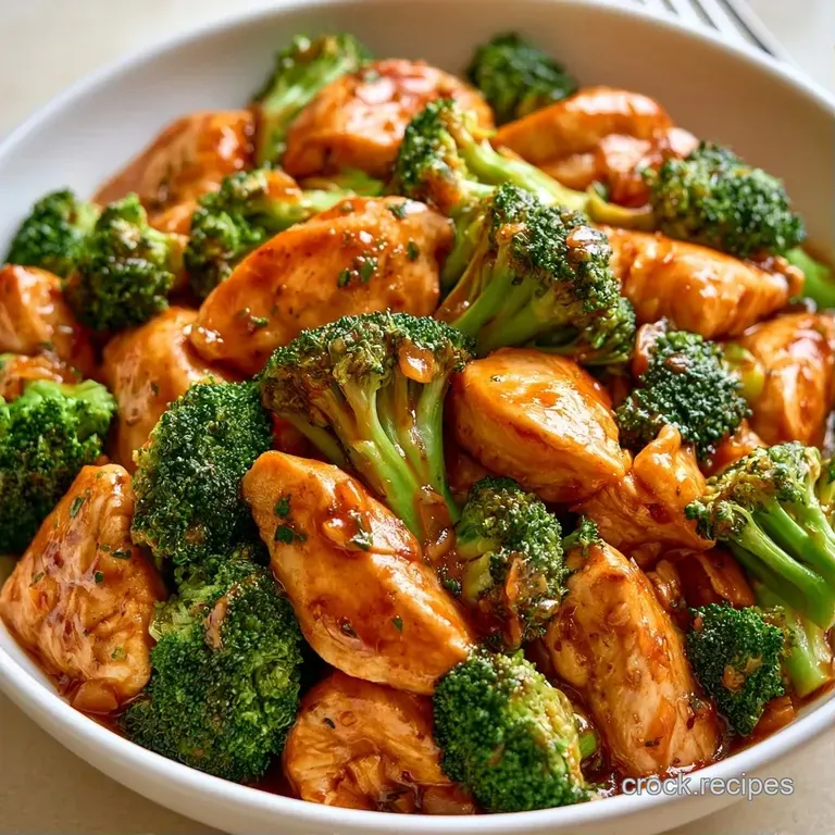 A shallow white bowl filled with velvety chicken and vibrant green broccoli, garnished with a pinch of fresh parsley.