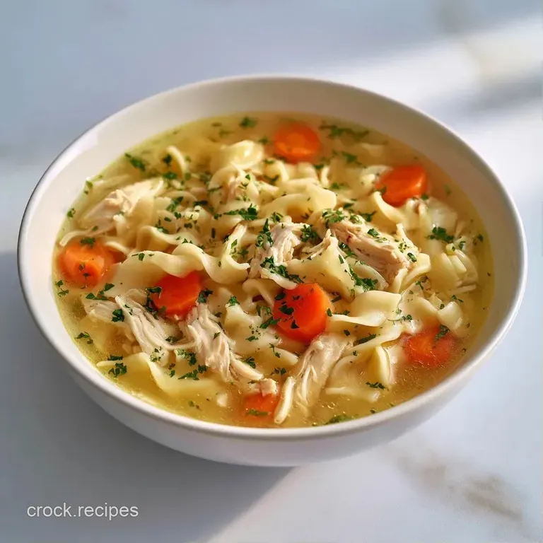 Creamy chicken and wide ribbons of noodles served in a white bowl, garnished with bright green herbs and black pepper.