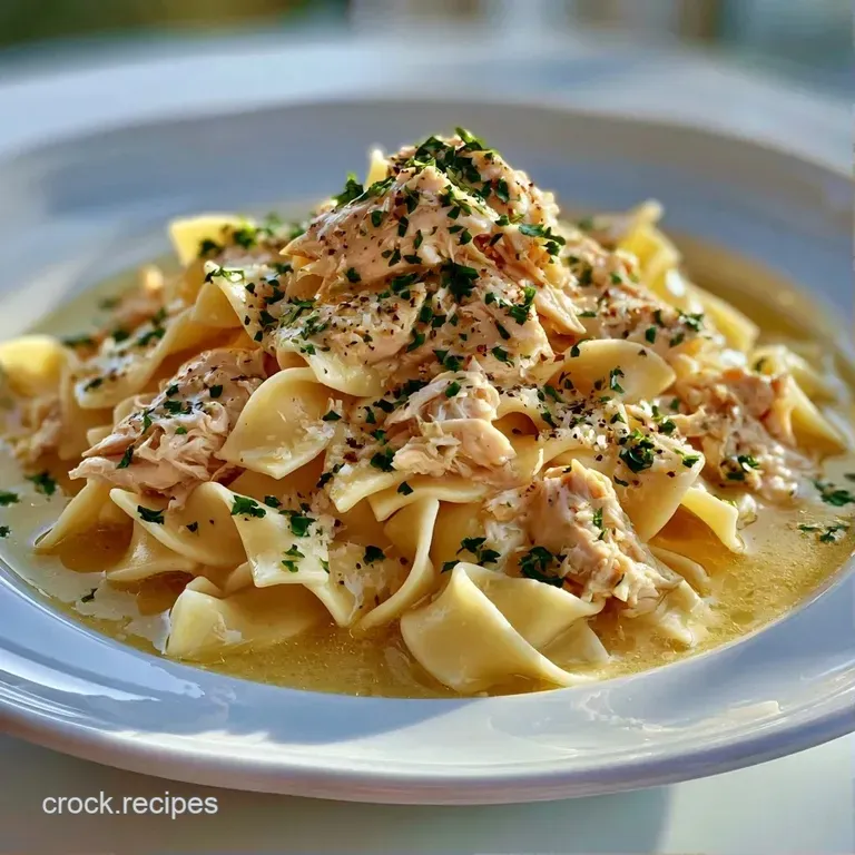 A white ceramic bowl filled with ivory noodles and juicy chicken, topped with fresh green parsley and cracked pepper.