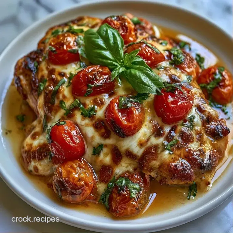 Tender chicken topped with bubbling mozzarella and red tomatoes on a white plate with a drizzle of balsamic glaze.