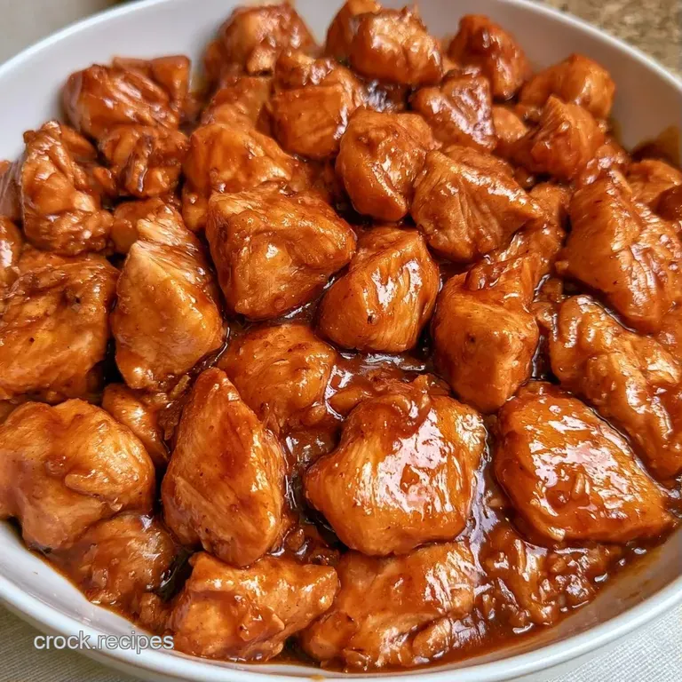 Glazed chicken chunks served over a mound of fluffy white rice in a white bowl with a sprinkle of fresh scallions.
