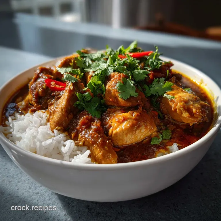 Creamy chicken curry elegantly plated, white rice, green cilantro, and golden chicken, a feast for the eyes and a promise ...