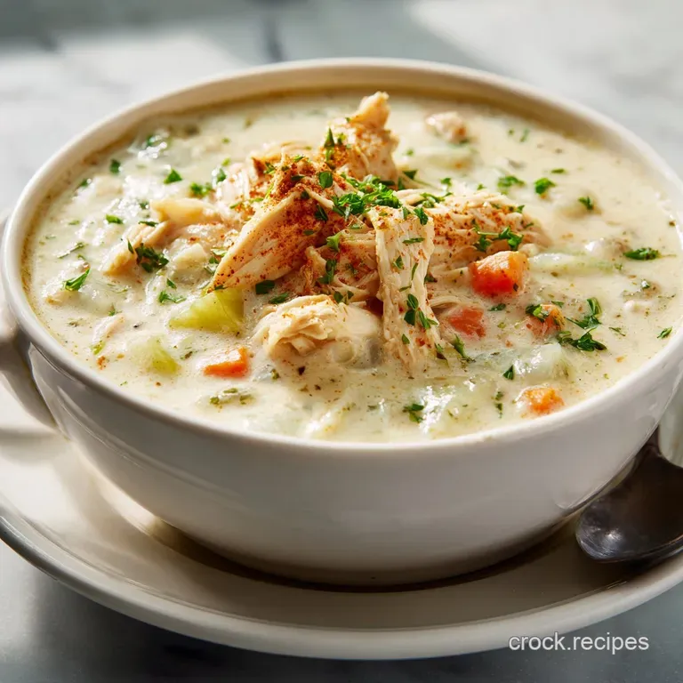 A comforting bowl of chicken pot pie soup, topped with a golden-brown biscuit, ready to be enjoyed.