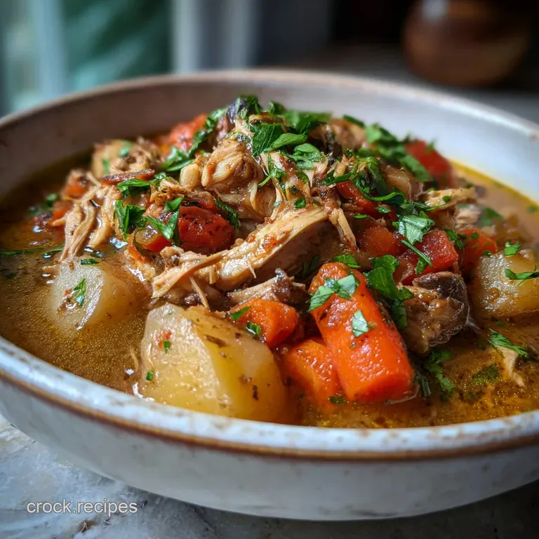 Creamy chicken stew served in a white bowl. Topped with fresh parsley, showcasing tender chicken and colorful vegetables.