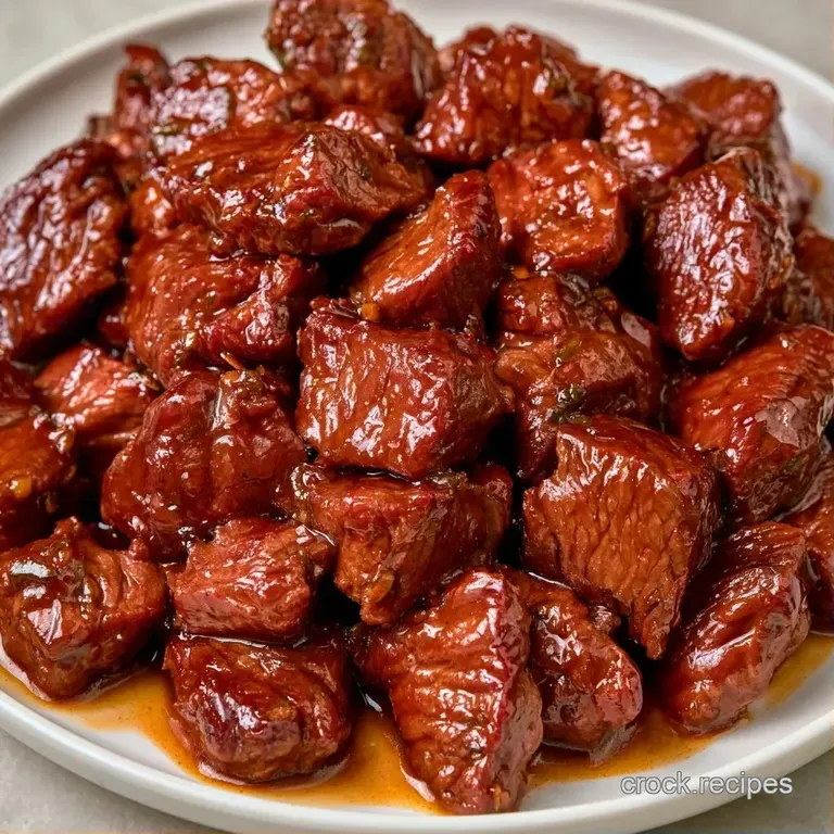 Sliced tender beef in a glossy dark sauce, garnished with sliced scallions on a minimalist ceramic white plate.